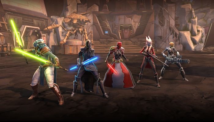 A few Jedi and troopers stand together in this screenshot from Star Wars The Old Republic