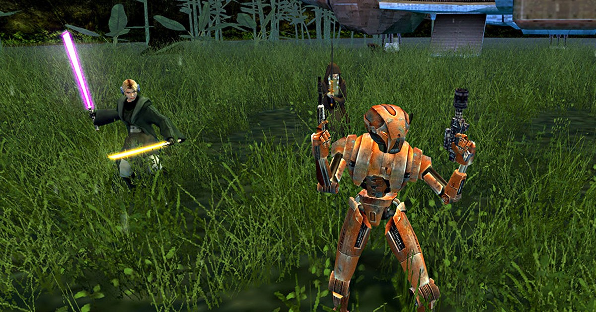 A robot named HK47 holding 2 pistols next to a jedi with 2 lightsabers