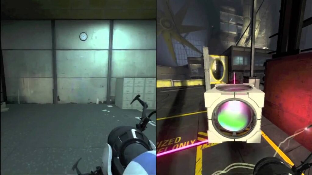 Portal 2 being played in split screen couch co-op mode