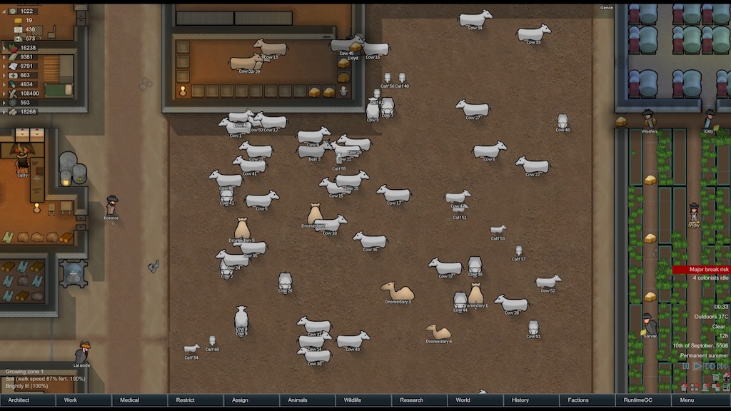 Rimworld animal farm. Cows in a field