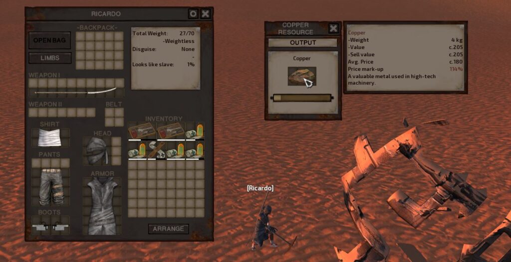 Mining copper in Kenshi by moving it from the mine resource to inventory