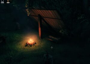 A cozy little shelter made in Valheim at night
