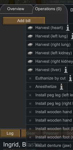 Harvesting organs through the add bill menu in the health tab