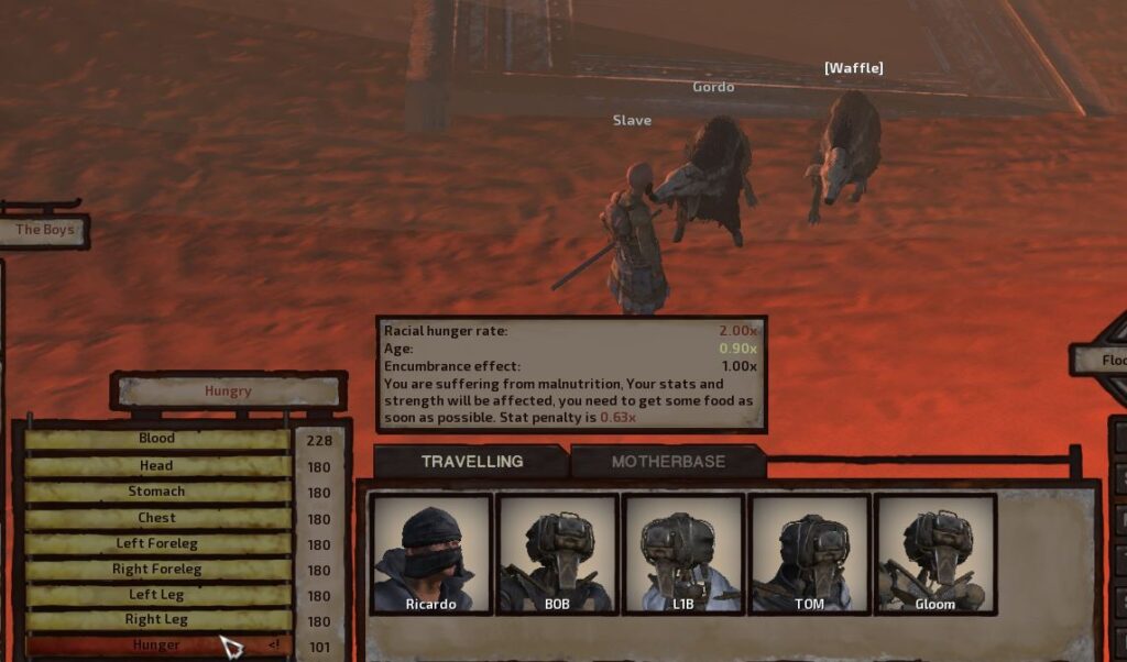 A screenshot from Kenshi showing the hunger level of the in-game dog, bonedog