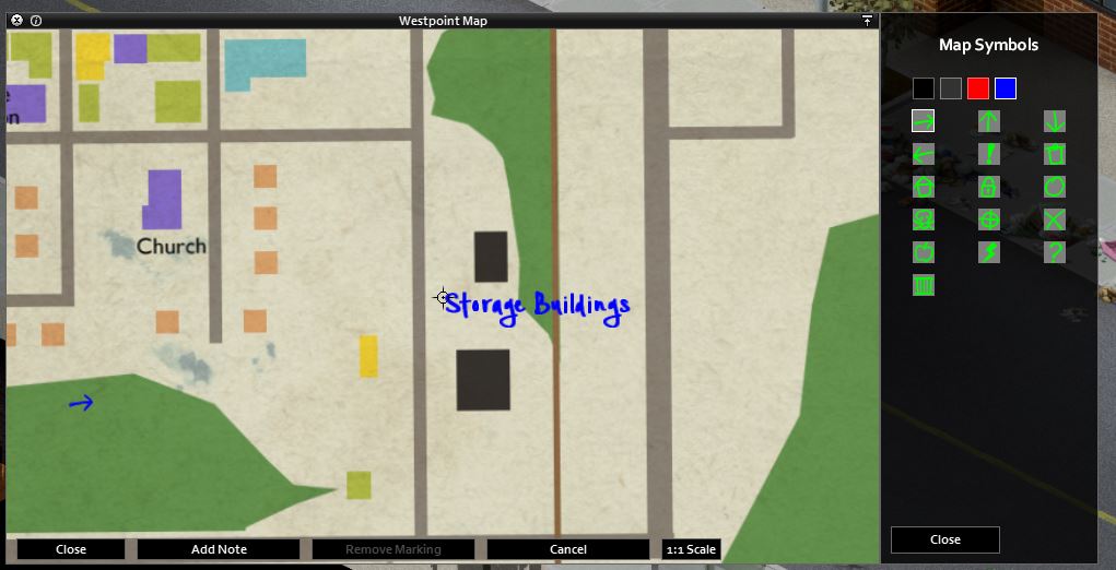 A map of West Point in Project Zomboid that has been marked by a player using a pen