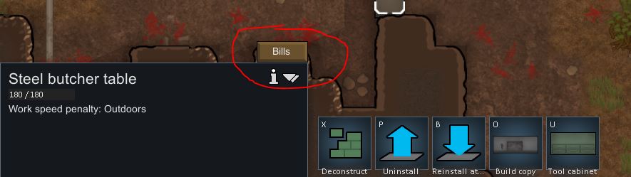 Selecting bills within the butcher table UI in Rimworld