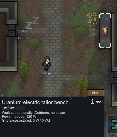 A uranium electric tailor bench in Rimworld
