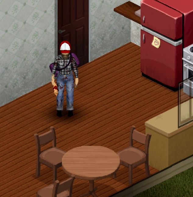 A picture in Project Zomboid build 41 of a character before their clothes have been washed