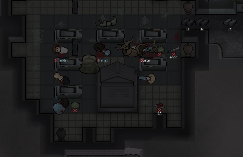 Lots of ancient people from cryosleep caskets in Rimworld