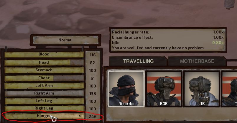 Hunger bar in Kenshi and rate of hunger going down