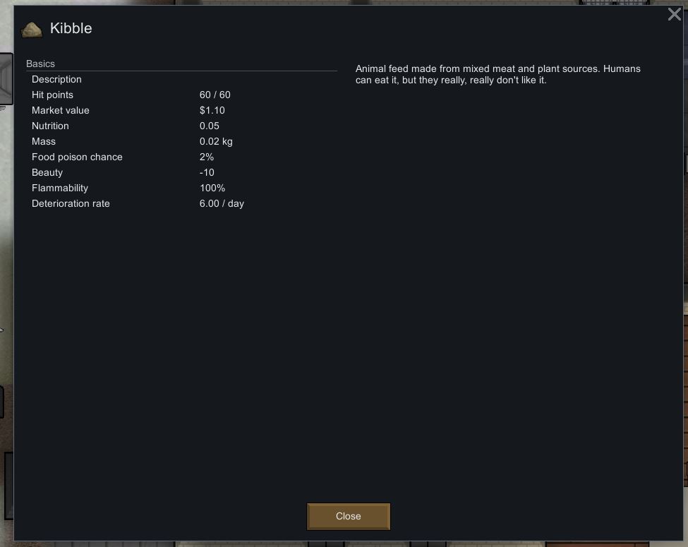 Information overlay for Kibble in Rimworld