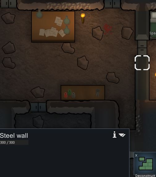 image of a steel wall in the game of rimworld. Also a steel door and steel beds