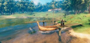 Banner Image. A player in Valheim with their dock and boat