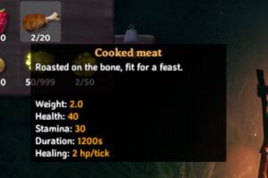 Cooked meat from the players inventory in Valheim