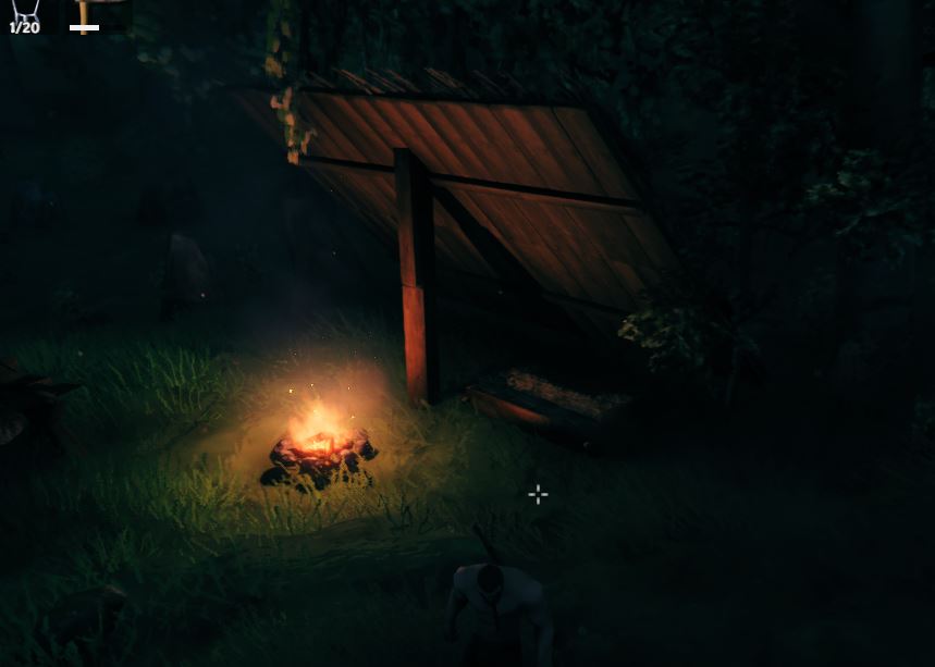 A campfire/fireplace in Valheim at night