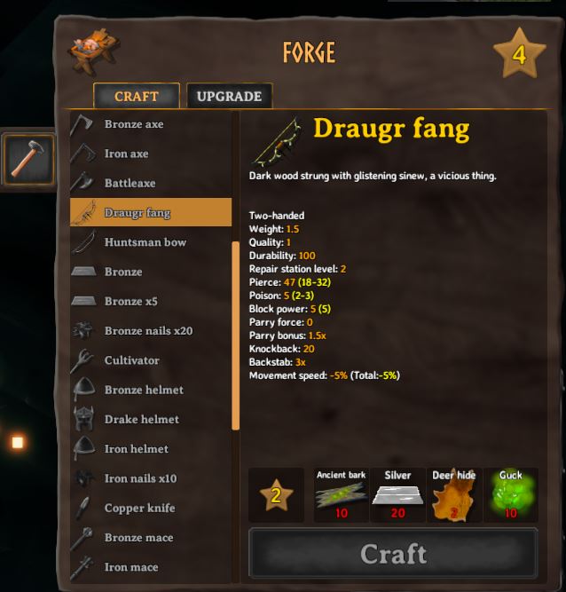 Crafting a Draugr fang in Valheim