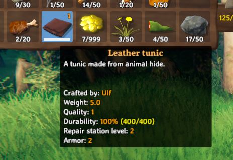 The leather tunic in Valheim with it's in-game description