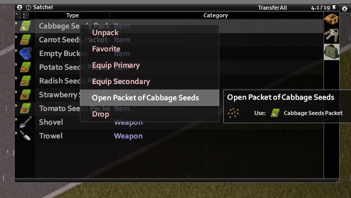 Open a pack of cabbage seeds in project zomboid from the inventory menu to begin farming