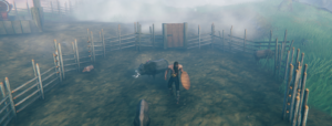 An in-game screenshot for valheim showing the player with tamed boars and a baby boar