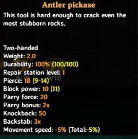 Tooltip for antler pickaxe in Valheim which can be used to dig