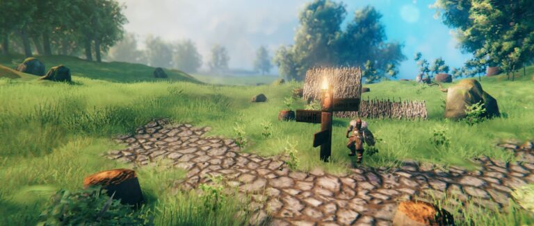 banner image for how to make a sign in valhiem. A player stands beside a created signpost