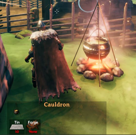 Using tin to create a cauldron in Valheim's crafting menu