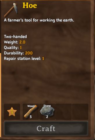 crafting a hoe at the workbench to level the ground in Valheim