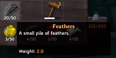 The in-game tooltip for feathers in Valheim