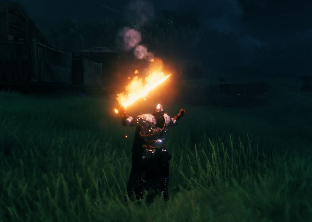 the flaming fire sword in Valheim from flametal ore crafting