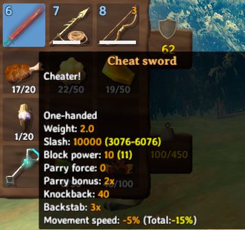 in-game stats for the cheat sword, Valheim
