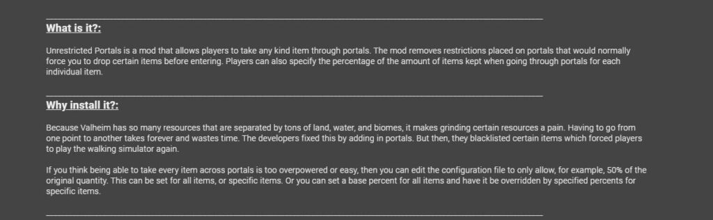 The description for the unrestricted portals mod from the mod's nexusmods page