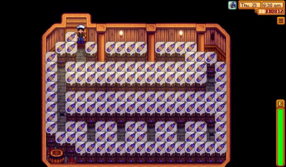 Aging wine in the wine cellar in Stardew Valley. A full cellar of casks