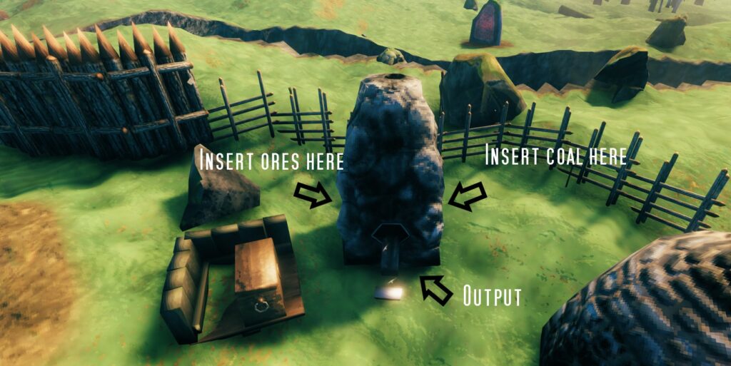 An image showing the different parts and applications of the smelter in Valheim
