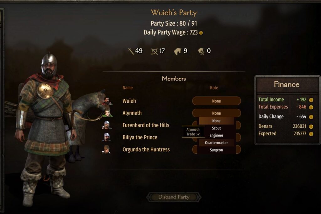 Assigning your companions a new role via the clan party screen in Bannerlord