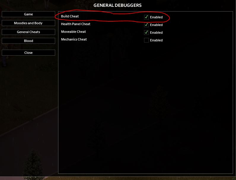 enable the build cheat in project zomboid