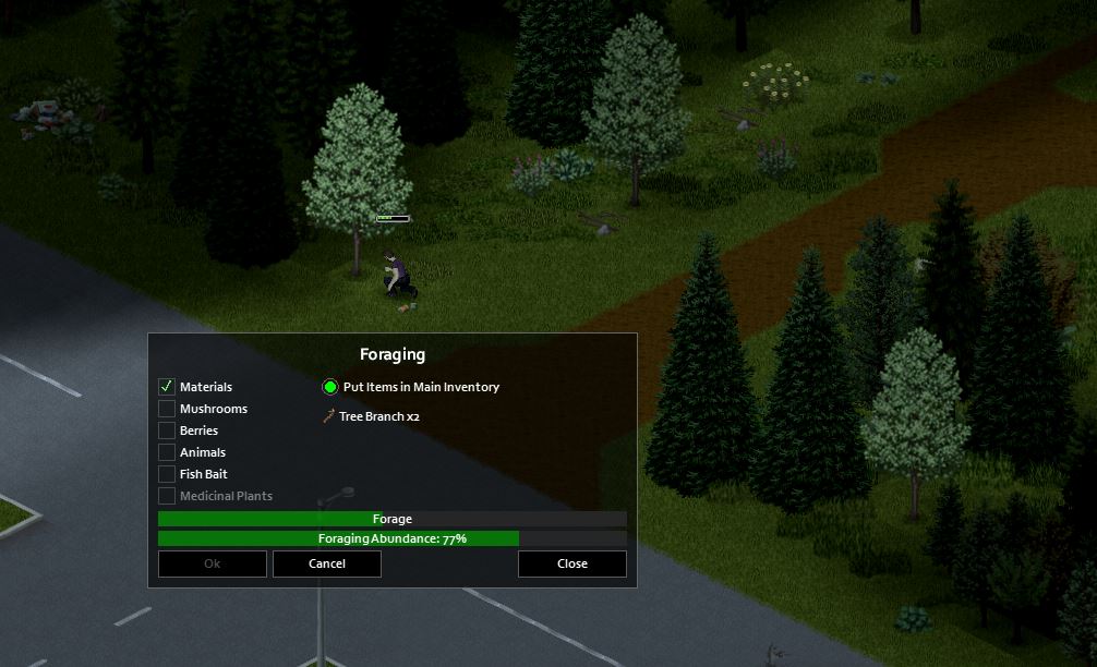 Showing how to get tree branches in Project Zomboid through foraging