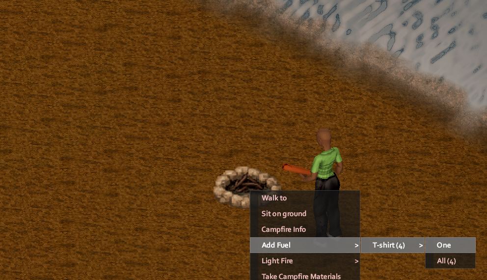 Adding fuel to a campfire in Project Zomboid to boil water