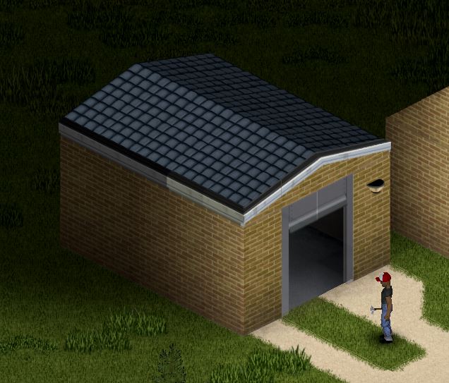 A player standing next to a garage in Project Zomboid 