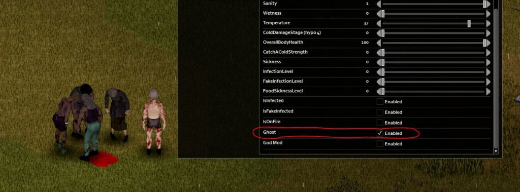 Ghost mode cheat toggle in-game in Project Zomboid