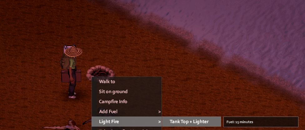 Lighting a fire in Project Zomboid using a lighter and a tank top
