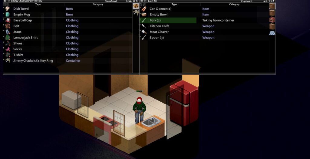 a Player looting food and water in a Project zomboid kitchen