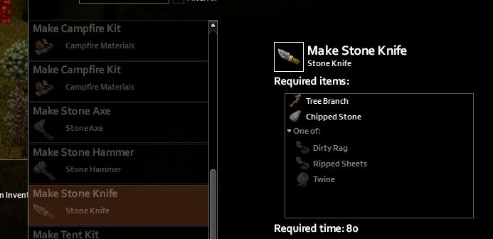 Crafting a stone knife in project zomboid using chipped stone