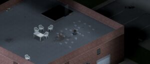 a player in project zomboid sitting on a rooftop surrounded by nails