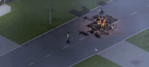 in-game image of a player burning corpses in Project Zomboid