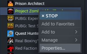 Changing the project zomboid steam properties to enable cheats