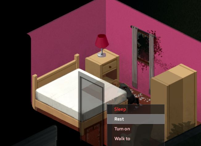 Showing the option to rest on a bed in Project Zomboid
