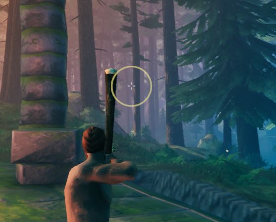 Showing off the aiming reticle in Valheim when aiming with the crude bow