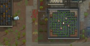 An in-game screenshot showing a hydroponics layout in Rimworld. Inducing a cat and a cow