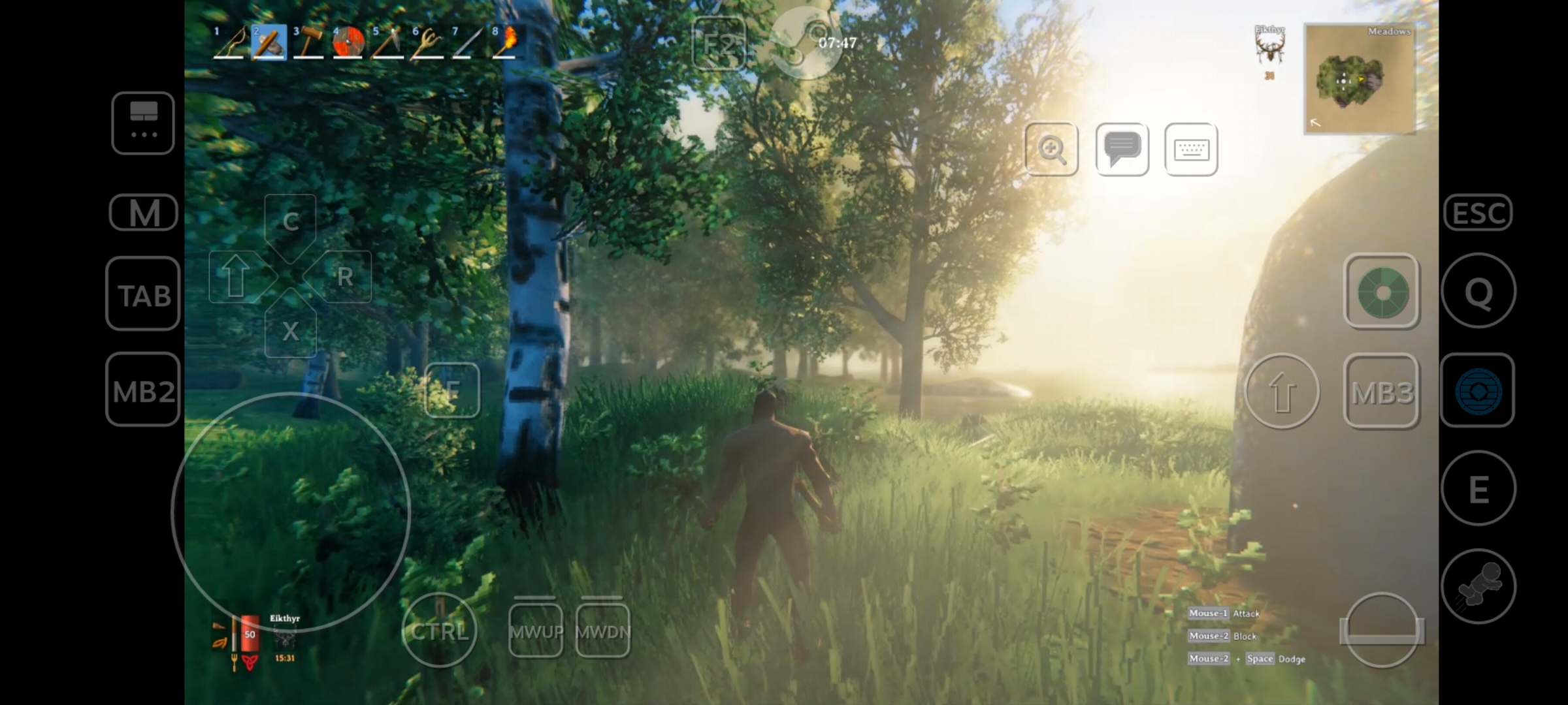 A screenshot of Valheim showing the game on Android using touch controls