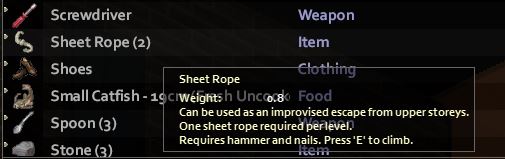 The in-game tooltip for the sheet rope item in project zomboid